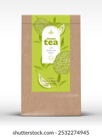 Craft Paper Bag with Fruit and Berries Tea Label. Realistic Vector Pouch Packaging Design Layout. Modern Typography, Hand Drawn Duriane and Leaves Silhouettes Background Mockup Isolated
