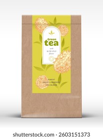 Craft Paper Bag with Fruit and Berries Tea Label. Realistic Vector Pouch Packaging Design Layout. Modern Typography, Hand Drawn Kiwano and Leaves Silhouettes Background Mockup Isolated