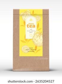 Craft Paper Bag with Fruit and Berries Tea Label. Realistic Vector Pouch Packaging Design Layout. Modern Typography, Hand Drawn Yuzu and Leaves Silhouettes Background Mockup Isolated
