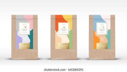 Bolsa de papel artesanal con mantas de chocolate. Diseño de empaquetado de vectores abstracto con sombras realistas. Siluetas de bosquejo de Hazelnut, Cashew y Almendra. Aislado.