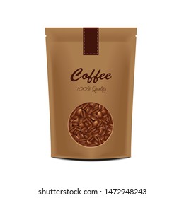 Craft paper bag package template on white background. Vector realistic pack mockup collection. Coffee packaging for your design