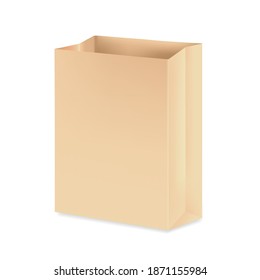 Craft paper bag. Packaging for takeaway food or gifts. Vector 3d realistic illustration. Empty brown template. Close up. EPS 10.
