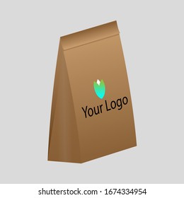 Craft paper bag packaging template isolated on grey background. Brown Packaging template mockup. Stand-up pouch Half Side view package.