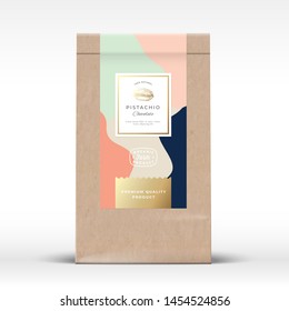 Craft Paper Bag with Pistachios Chocolate Label. Abstract Vector Packaging Design Layout with Realistic Shadows. Modern Typography, Hand Drawn Nut Silhouette and Colorful Background. Isolated.