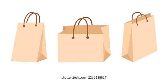 Craft paper bag set in flat vector style. Hand drawn vector illustration shopping