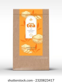 Craft Paper Bag with Tea Label. Realistic Vector Pouch Packaging Design Layout. Modern Typography, Hand Drawn Turmeric Curcuma Powder Bowl and Tea Leaves Silhouettes Background Mockup. Isolated