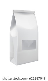 Craft paper bag with window isolated on white background vector illustration. Packaging design element for branding.
