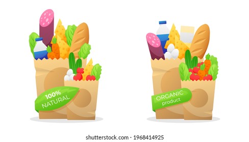Craft paper bags with groceries and food delivery logo with green stickers organic, natural isolated on white. Milk, sausage, carrots, tomatoes, lettuce, loaf, bread, cheese, cucumbers, eggs.