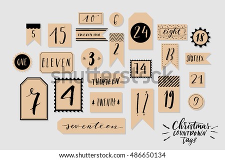 Craft paper and black colored twenty four christmas countdown printable tags collection. Count down till christmas kit. Advent calendar. Vector illustration