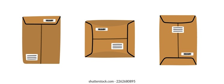 Craft paper business mail envelopes isolated on white. Express delivery document package vector illustration. Soft postal parcel for business documents. Postal folder office stationery set.