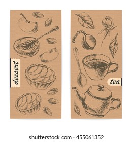 Craft paper design template with tea and dessert. Eco style background. Teapot, cup, leaf, spoon, honey, apple tart.