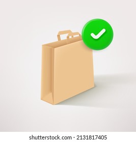 Craft paper eco shopping bag icon with checkmark. 3d vector icon