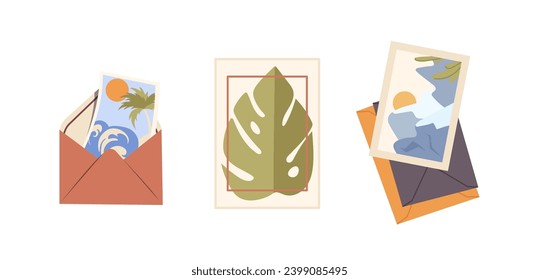 Craft paper envelope with photo cards from tropical resort, decorative postcards vector illustration