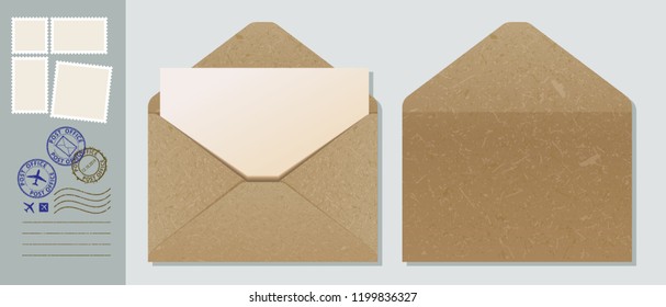 Craft paper envelope with Postage Stamps vector illustration. Envelope mock-up. 