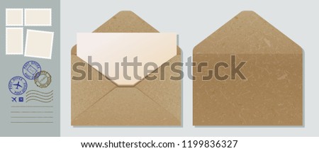 Craft paper envelope with Postage Stamps vector illustration. Envelope mock-up. 