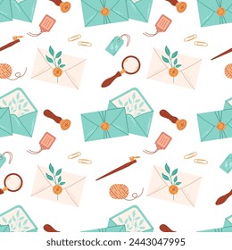 Craft paper envelopes sealed or opened. The envelopes are sealed with wax. Square seamless Pattern. Postal stationery.