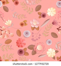 craft paper flowers pattern seamless background, spring, autumn, wedding and valentine festive floral bouquet,  on white background, decorative embellishment.