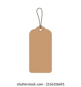 Craft paper label hanging on cord. Kraft cardboard tag mockup. Blank carton badge on string. Eco rustic beige card with loop on twine. Realistic vector illustration isolated on white background