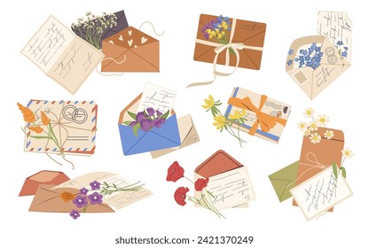 Craft paper letters and envelops with flowers and postcards isolated set on white background