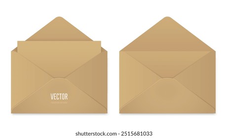 Craft paper opened envelope mockup template. Realistic brown envelope with empty letter for your design or business. Vector EPS 10