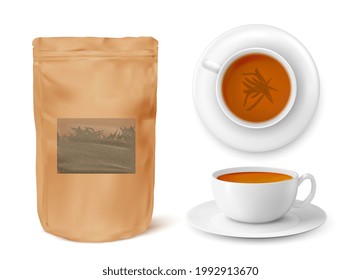 Craft paper pack with window for lose tea isolated on white