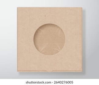 Craft Paper Pizza Box Package Template. Realistic Pack made of Brown Carton with Texture. Food Snacks Vector Packaging Bag with Transparent Round Plastic Window. Mockup with Soft Shadows. Isolated