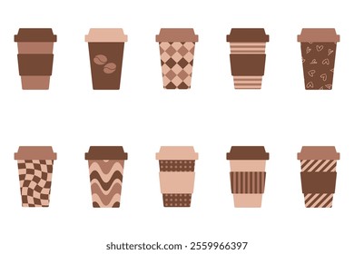 Craft paper, plastic cup for hot drinks, coffee, tea, chocolate clipart collection. Hand drawn isolated vector mug set. 