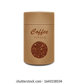 Craft paper pot template. Vector realistic pack with window for coffee beans. Coffee brown packaging for your design