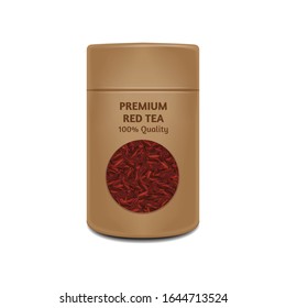 Craft paper pot template. Vector realistic pack with window for red tea. Brown packaging for your design