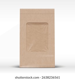 Craft Paper Pouch Package Template. Realistic Pack made of Brown Carton with Texture. Food Snacks Vector Packaging Bag with Plastic Window. Mockup with Soft Shadows. Isolated