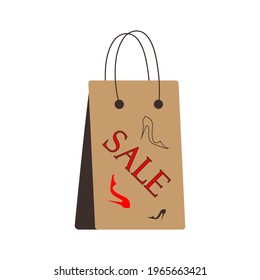 Craft paper shopping bag icon, fashion sale season. Text, images of  women's red high heel shoes. Flat style, white background, vector
