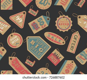 Craft paper tag shop clothes sale stiker cardboard gift price vintage brown label card vector seamless pattern background