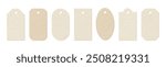 Craft paper tags for gift. Blank price labels from kraft paper. Vintage clothes tags with old carton texture isolated on white background. Empty cardboard labels different shapes, vector illustration