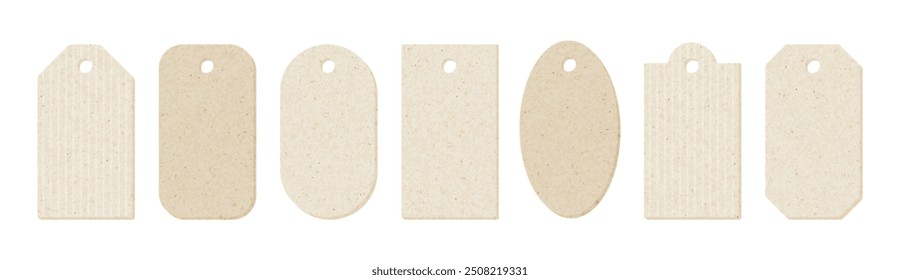 Craft paper tags for gift. Blank price labels from kraft paper. Vintage clothes tags with old carton texture isolated on white background. Empty cardboard labels different shapes, vector illustration