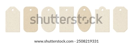 Craft paper tags for gift. Blank price labels from kraft paper. Vintage clothes tags with old carton texture isolated on white background. Empty cardboard labels different shapes, vector illustration