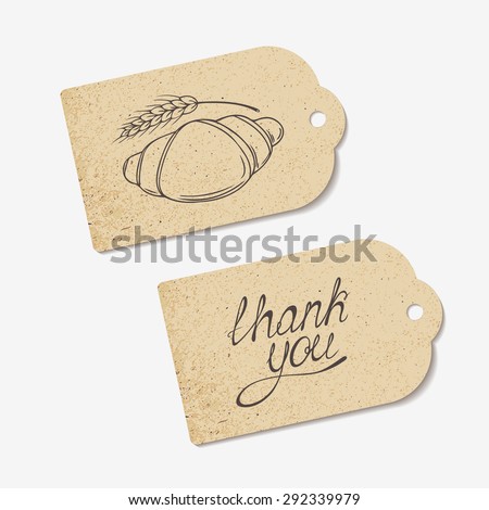 Craft paper tags with THANK YOU hand lettering and sketched croissant. Design for cafe, coffee shop, bakery. Vector illustration - eps 8