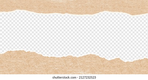 Craft paper torn strip stroke with cut edge frame vector illustration. Blank horizontal note paper piece shape. Neutral color grunge headline. Calligraphy border with transparent background