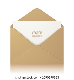 Craft paper vector envelope, isolated on a white glossy background. Realistic brown opened envelope standing on a surface.