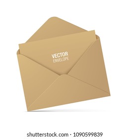 Craft paper vector envelope, isolated on a white glossy background. Realistic inclined brown opened envelope standing on a surface.