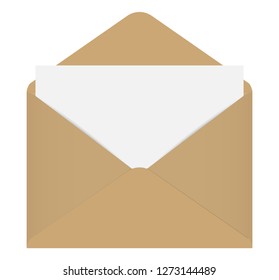 Craft paper vector envelope, isolated on a white glossy background. Realistic inclined brown opened envelope standing on a surface.