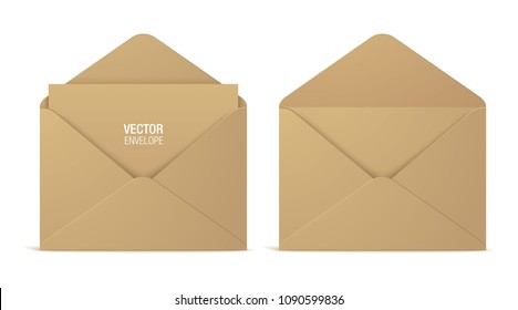 Craft paper vector envelopes, isolated on a white background. Set of realistic brown opened envelope mockups.