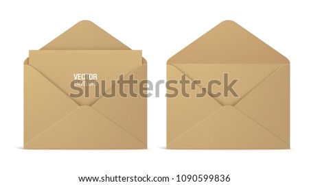 Craft paper vector envelopes, isolated on a white background. Set of realistic brown opened envelope mockups.