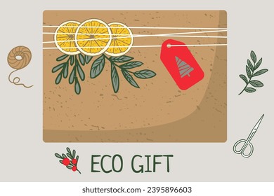 Craft Paper wrapped gifts and eco Christmas decorations. Set of eco packages with green leaves, drying orange. craft paper package collection. Hand drawn eco life concept. Flat vector illustration. 