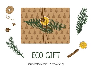 Craft Paper wrapped gifts and eco Christmas decorations. Set of eco packages with green leaves, drying orange. craft paper package collection. Hand drawn eco life concept. Flat vector illustration. 