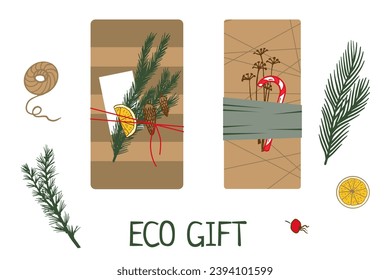 Craft Paper wrapped gifts and wooden Christmas decorations. Set of eco packages with green leaves. Natural craft paper package collection. Hand drawn eco life concept. Flat vector illustration. 