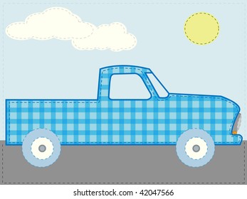 Craft patchwork blue cartoon truck on road sunny day vector