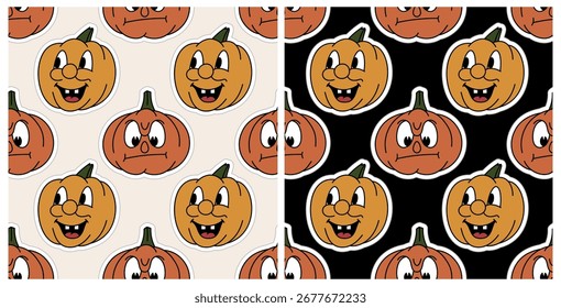 Craft pattern with cartoon pumpkins. Vintage autumn background.