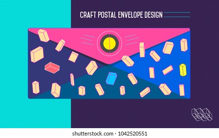 Craft postal envelop design template with memphis style decoration