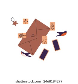 Craft postal envelope for mail. Different handcrafted design elements for scrapbooking, stickers, post decoration. Paper correspondence, postcrossing. Flat isolated vector illustration on white