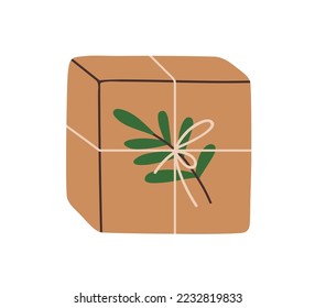 Craft presente caja en papel marrón. Regalo de vacaciones en eco kraft envuelto con arco de dos líneas, cuerdas y bifurcación de hojas en estilo rústico de moda. Ilustración vectorial plana aislada en fondo blanco